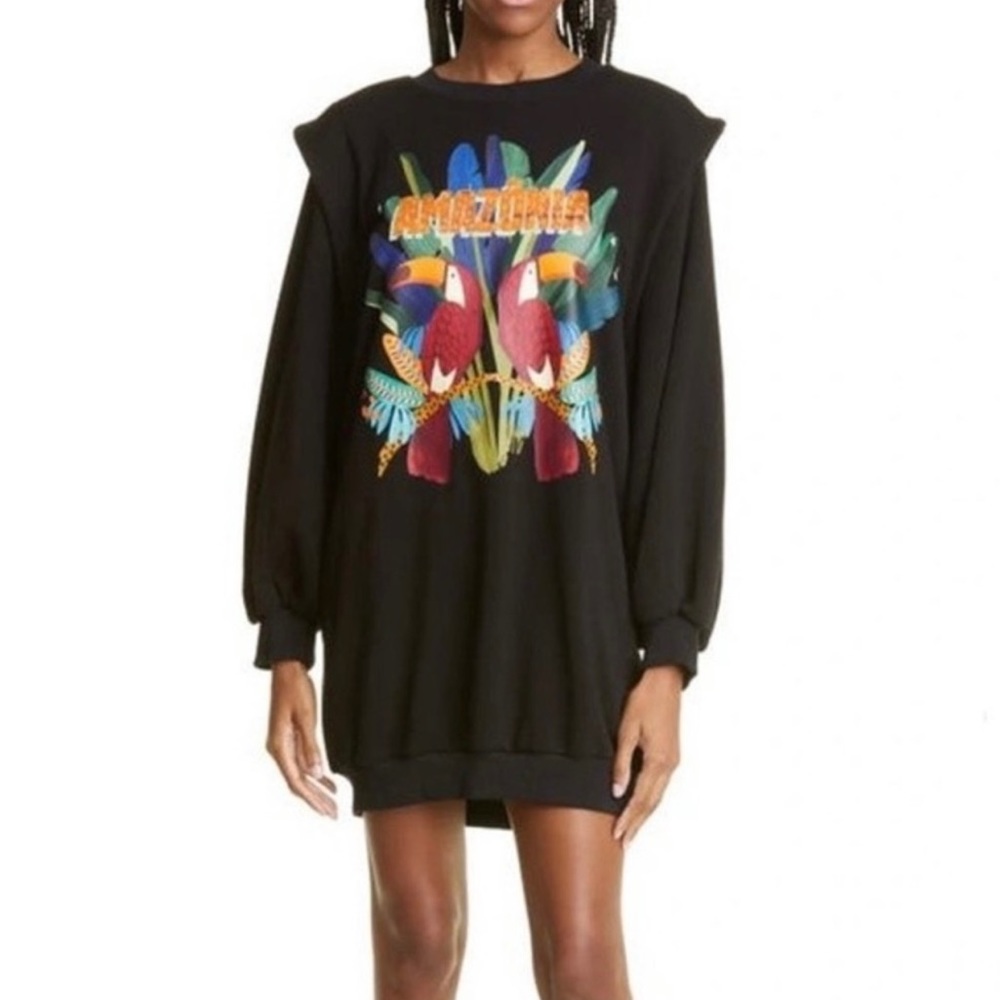 NEW FARM Rio Amazonia Sweatshirt Sweater Dress Black with Toucan Birds Size S